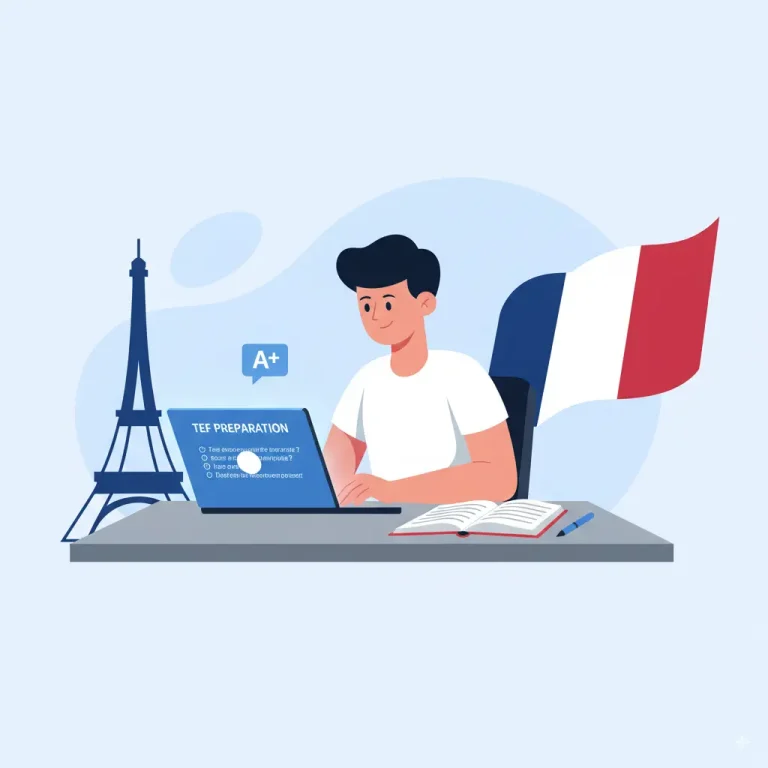 Illustration d’une personne préparant le TEF Naturalisation niveau B2 avec des symboles de la France.